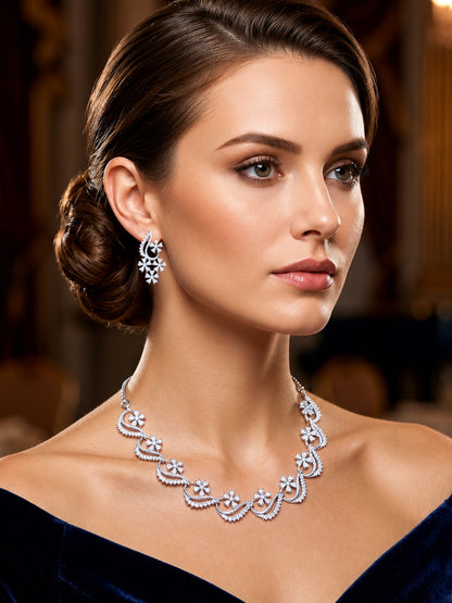 Silver Plated AD Floral Jewellery Set for Women