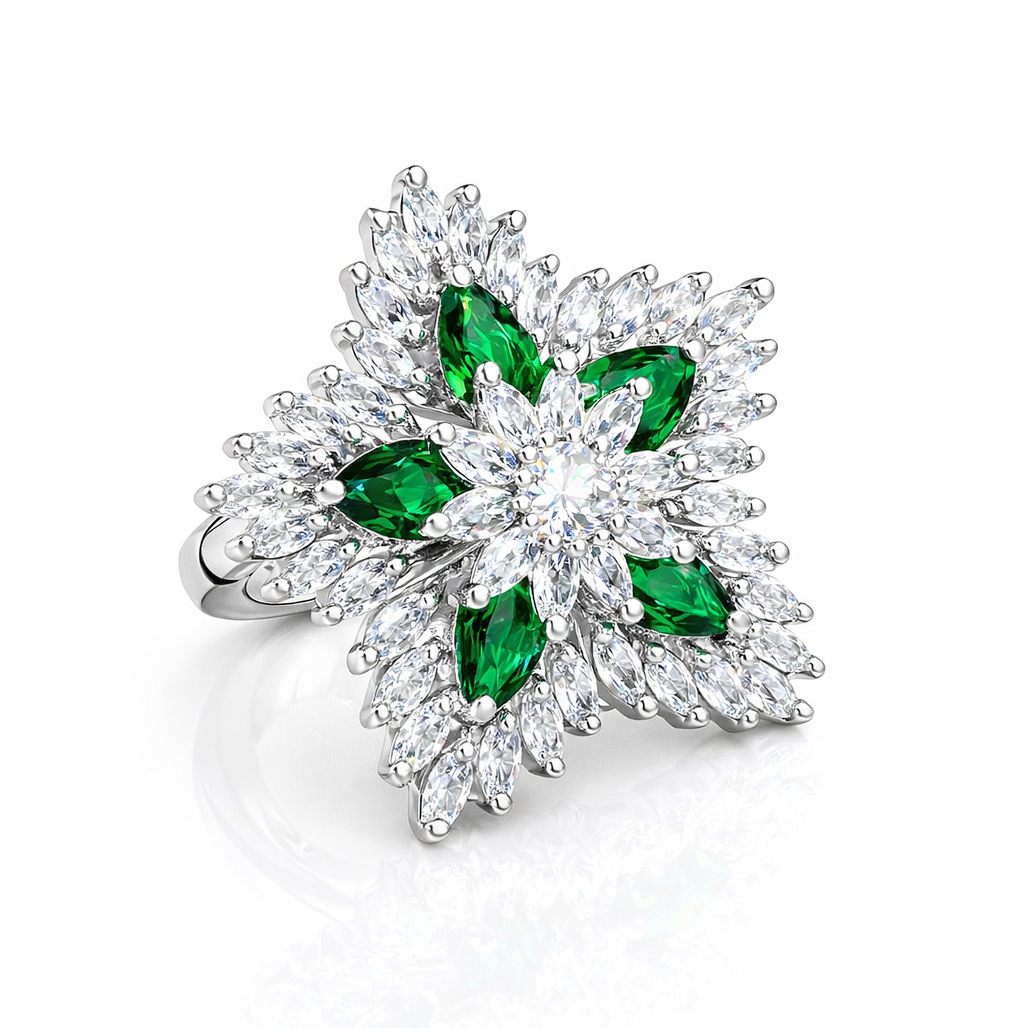 Silver-Plated American-Diamond Studded Floral Design Adjustable Finger Ring