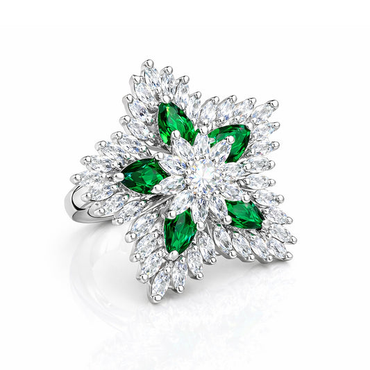 Silver-Plated American-Diamond Studded Floral Design Adjustable Finger Ring