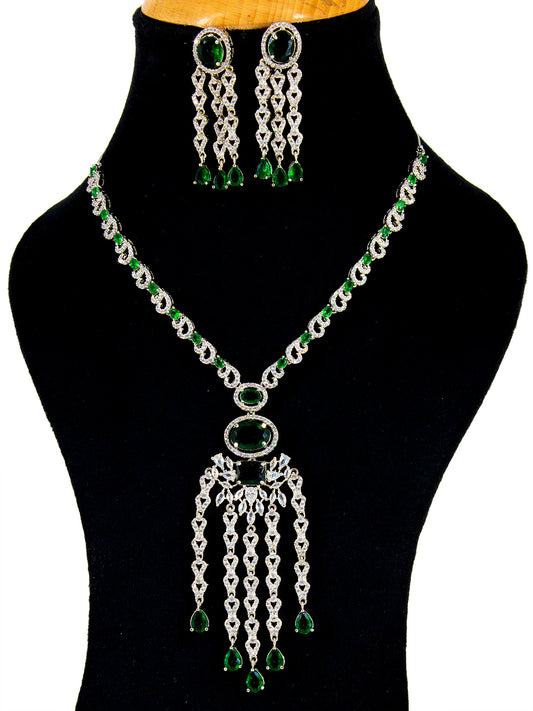 Silver Plated Green AD Designer Jewellery Set