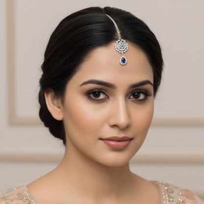 Rhodium Plated Blue AD Maang Tikka for Women