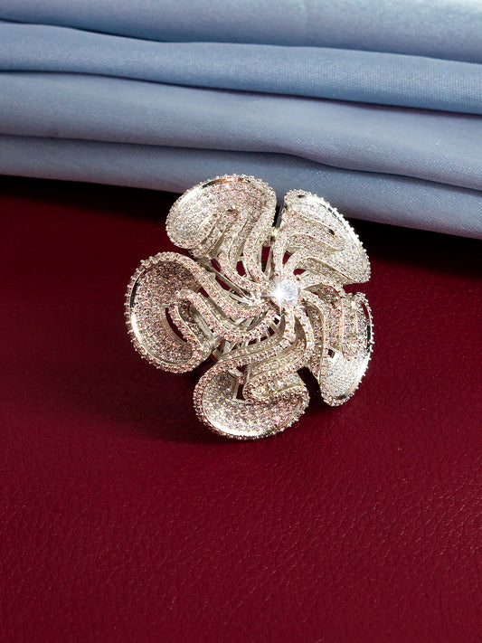 Silver-Plated American-Diamond Big Floral Cocktail Adjustable Finger Ring
