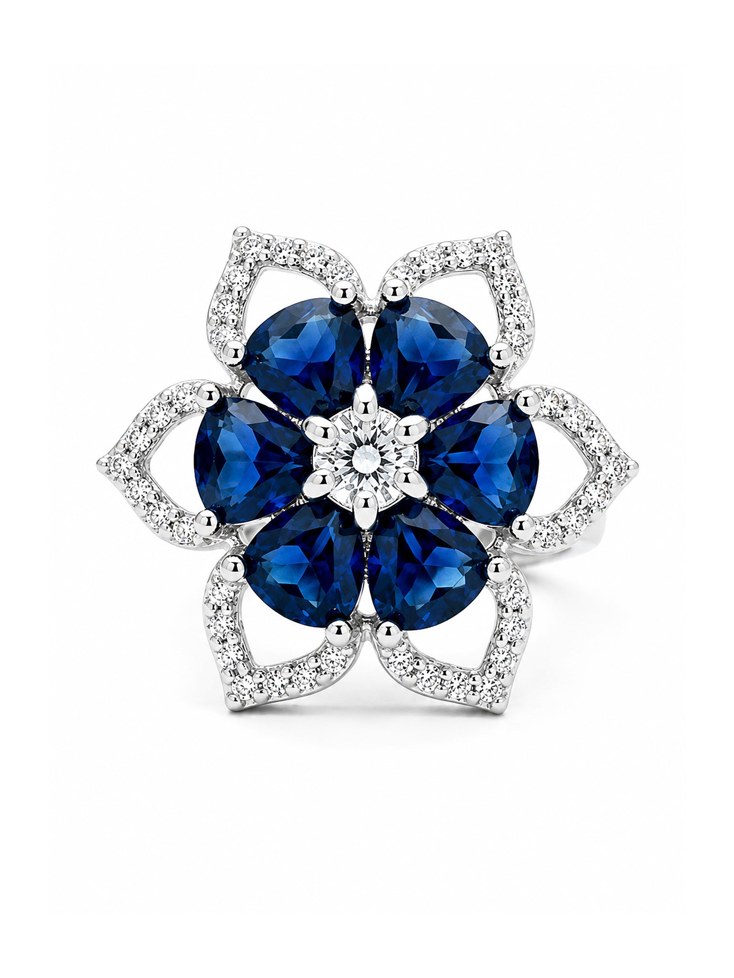 Rhodium Plated Blue AD Floral Finger Ring for Women