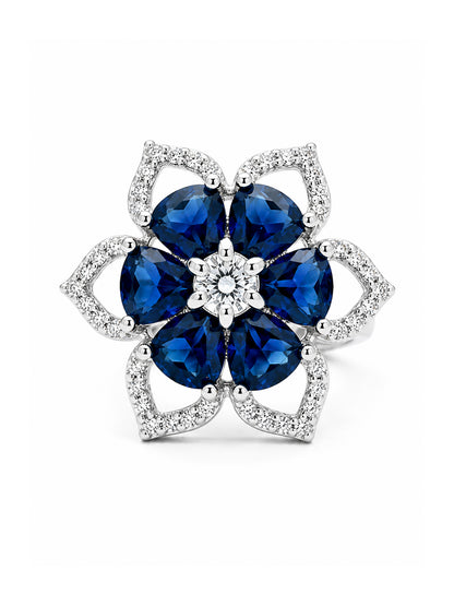 Rhodium Plated Blue AD Floral Finger Ring for Women
