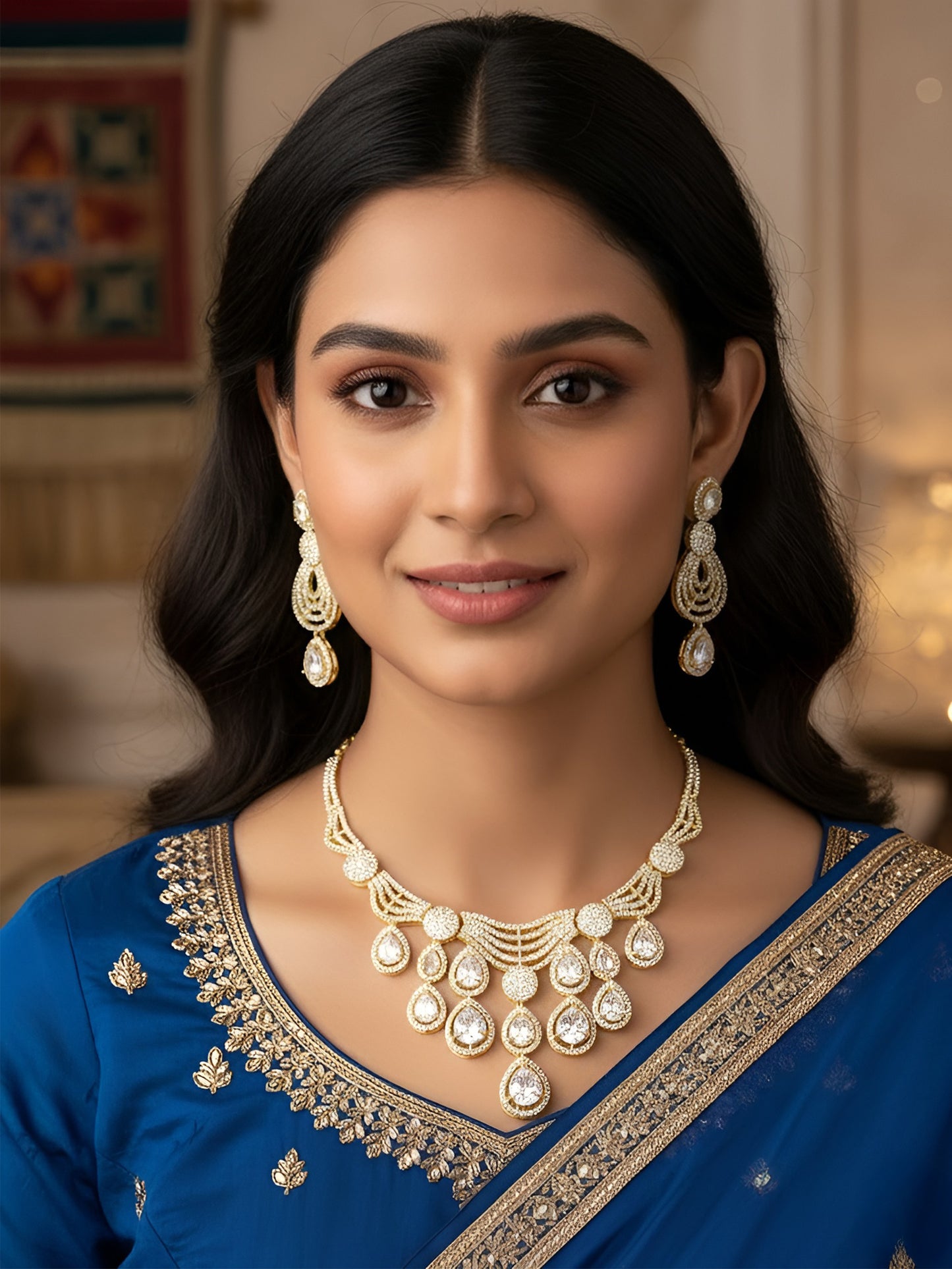 Gold Plated White AD Studded Designer Jewellery Set