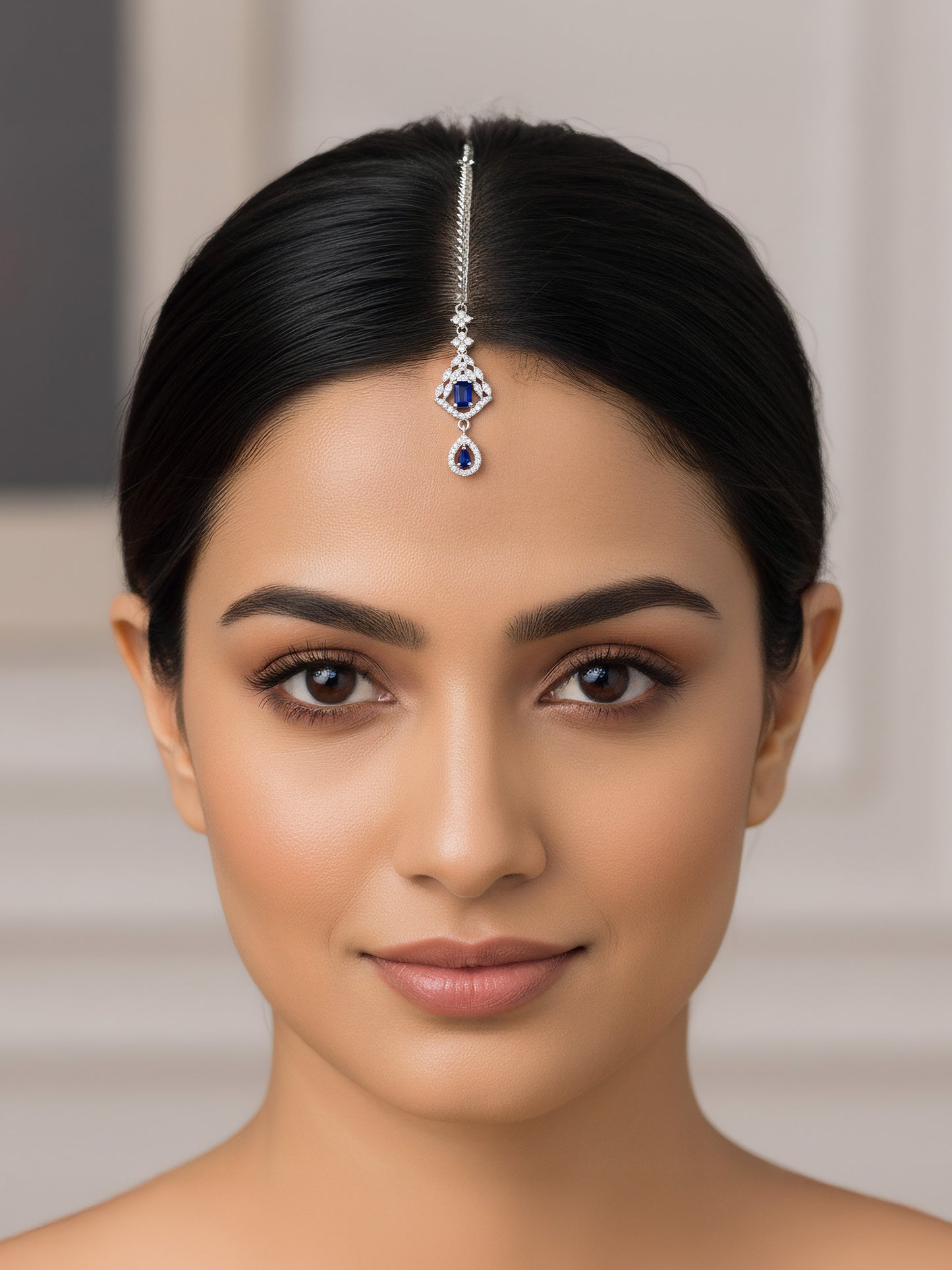 Rhodium Plated Blue AD Maang Tikka for Women