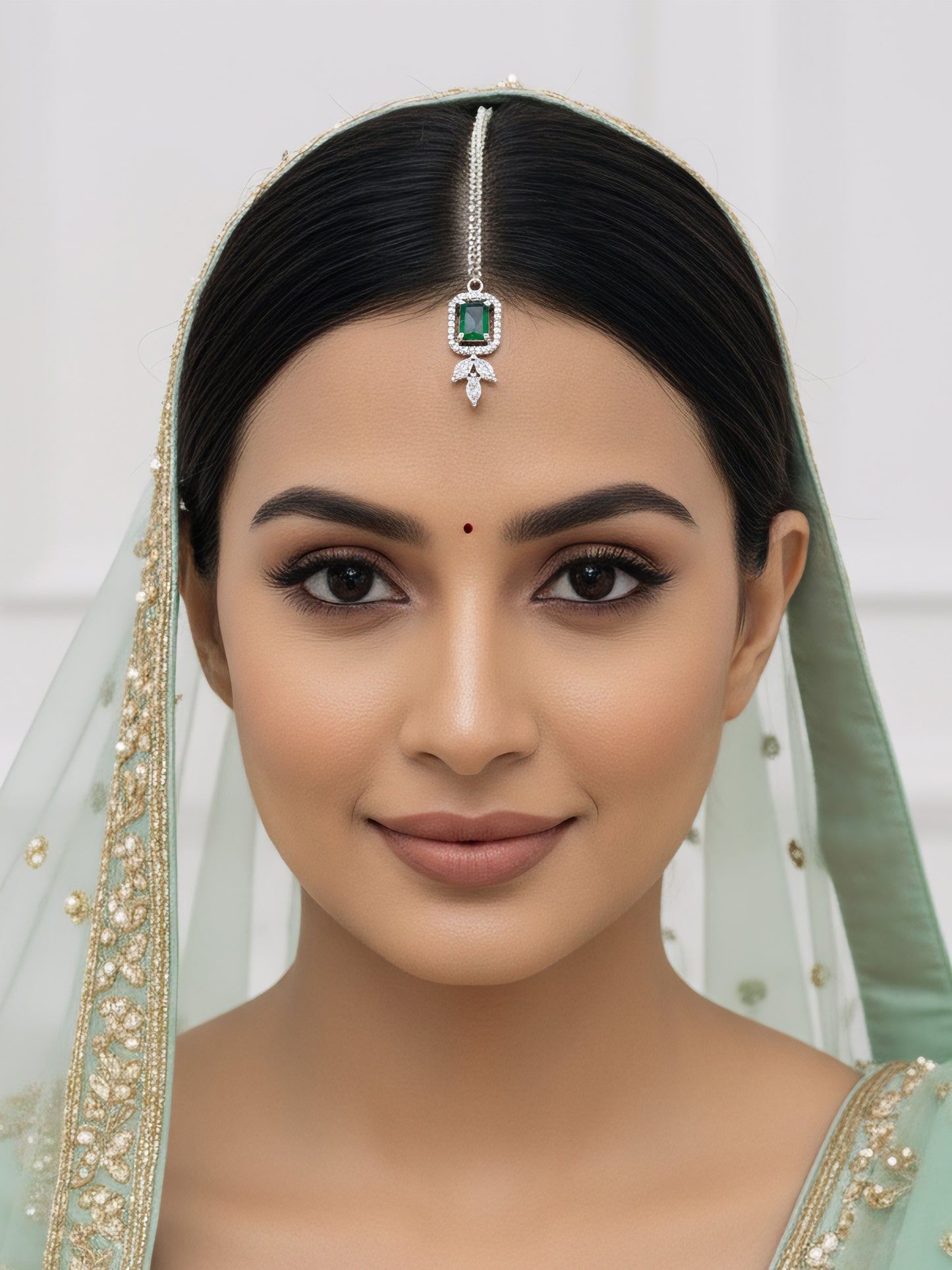 Silver Plated Green AD Maang Tikka for Women