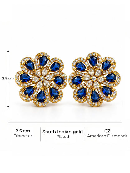 South Indian Gold Plated Blue AD Floral Stud Earrings for Women