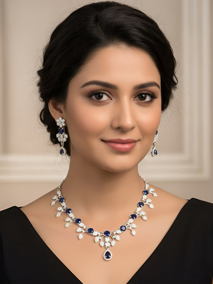 Rhodium Plated Blue AD Floral Jewellery Set