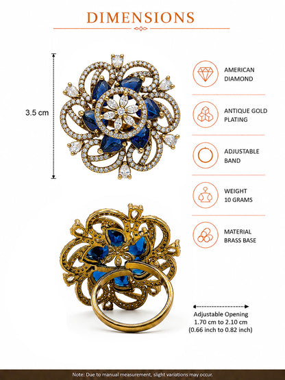 Antique Gold Plated Blue AD Finger Ring for Women