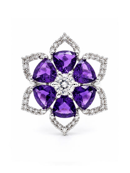 Rhodium Plated Purple AD Floral Finger Ring for Women