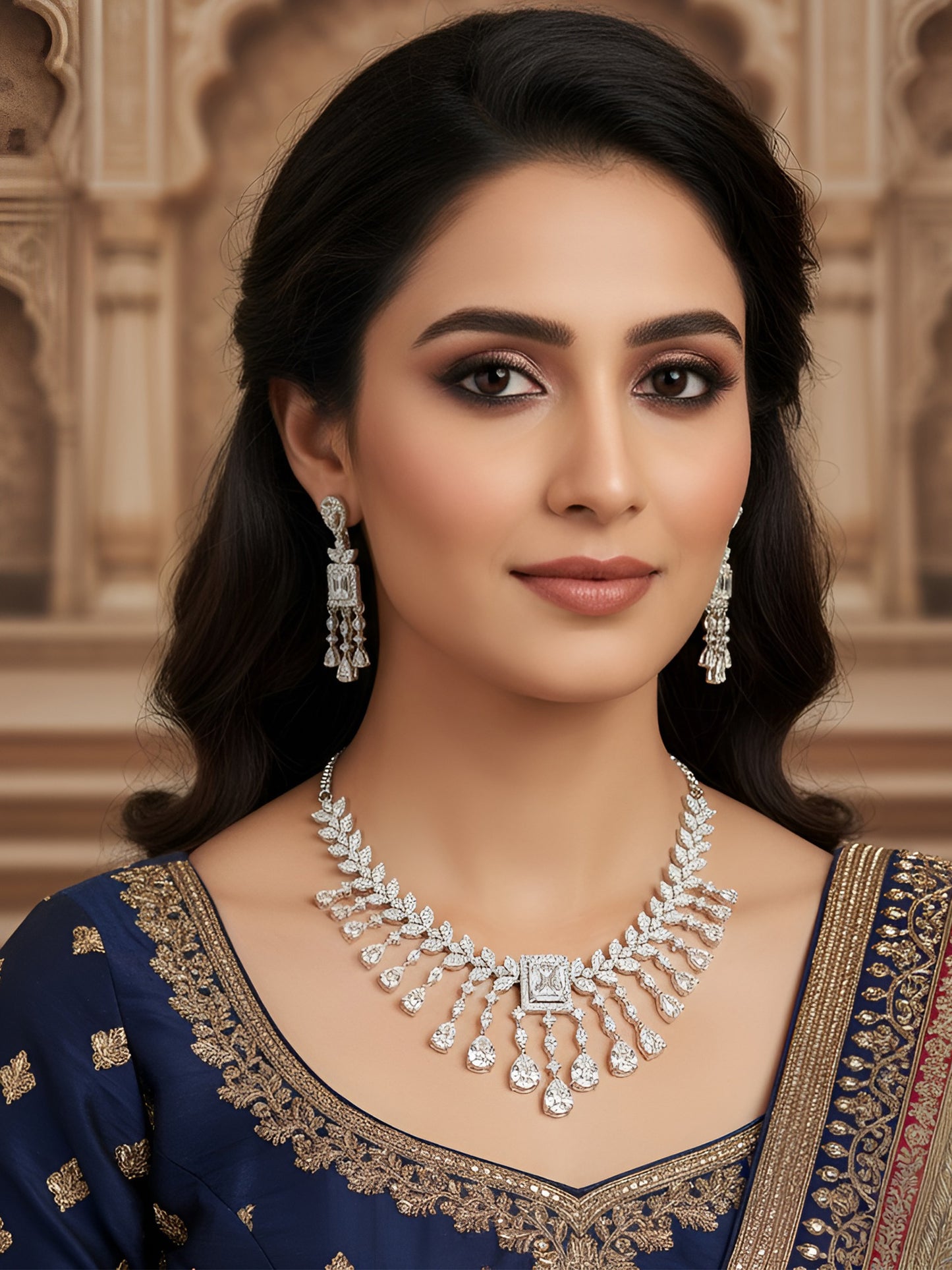 Silver Plated White American Diamond Studded Jewellery Set