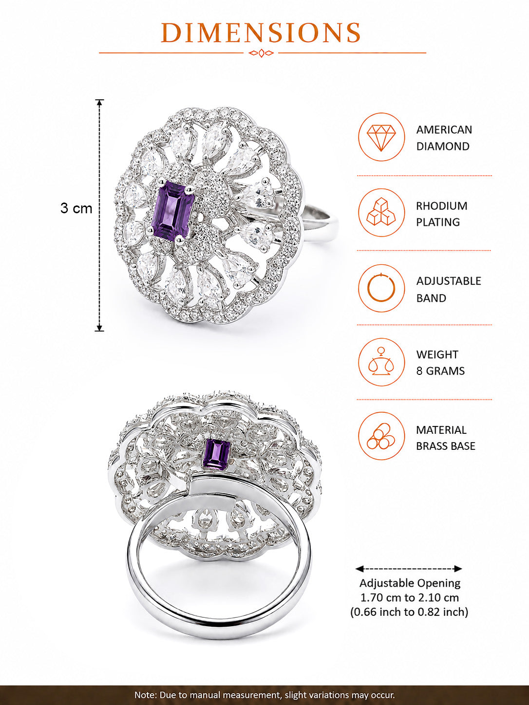 Rhodium Plated Purple AD Finger Ring for Women