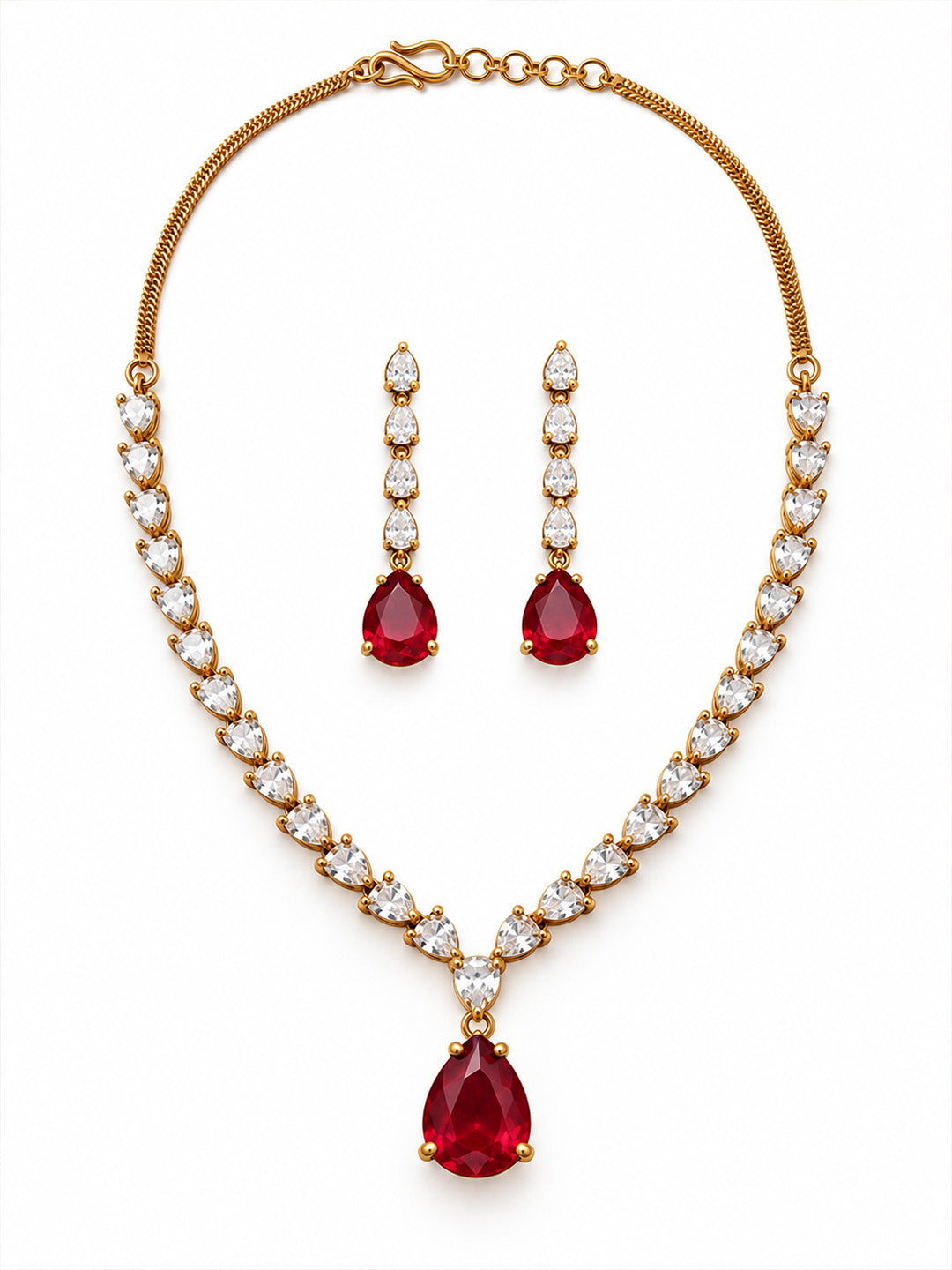 South Indian Gold Plated Red AD Teardrop Jewellery Set for Women