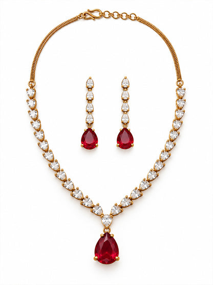South Indian Gold Plated Red AD Teardrop Jewellery Set for Women