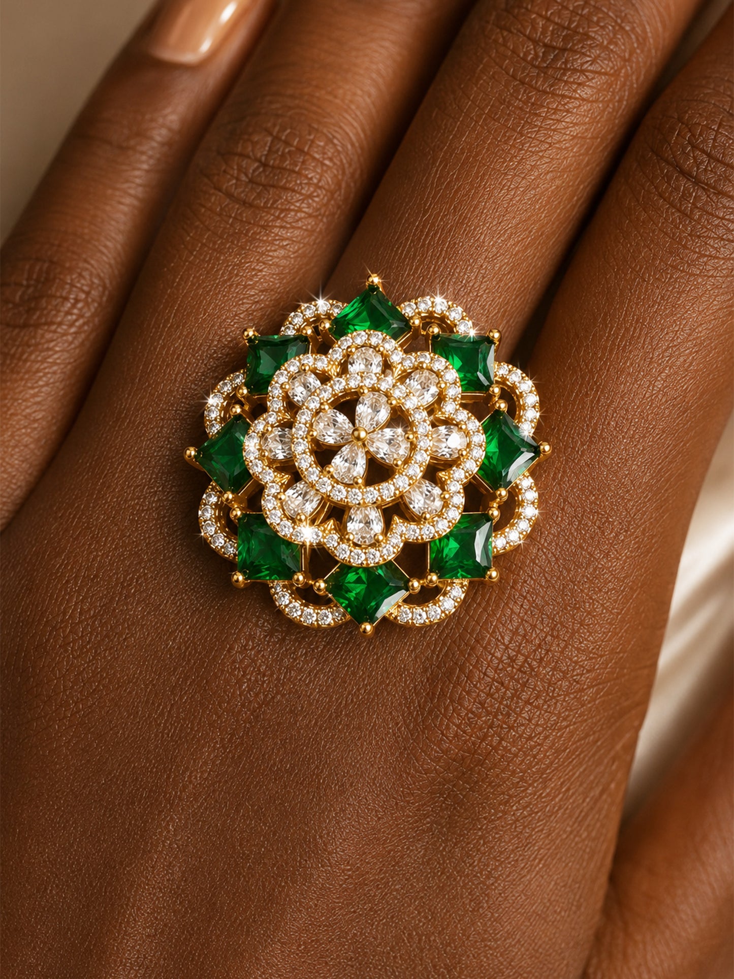 Antique Gold Plated Green AD Finger Ring for Women
