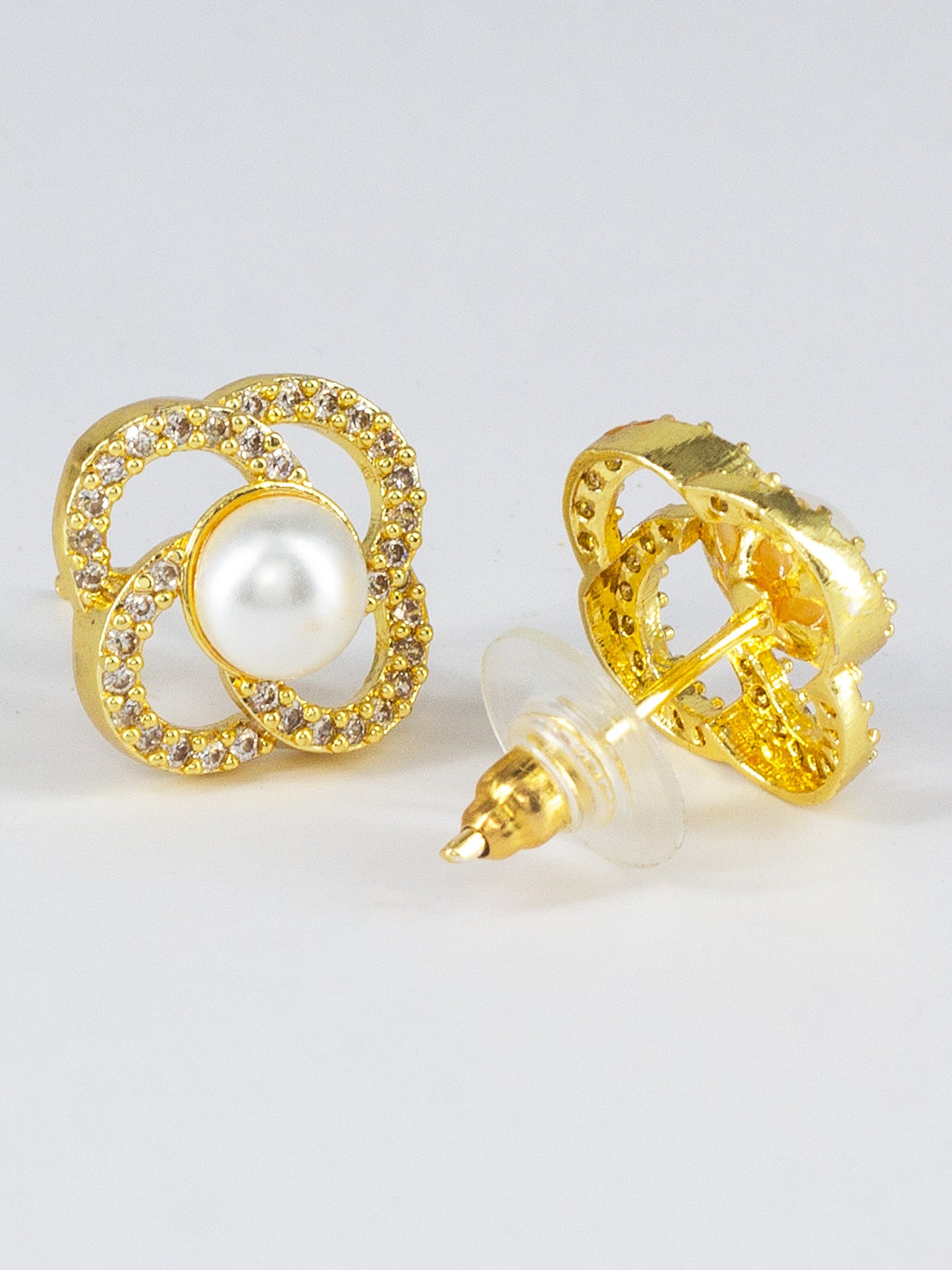 Gold Plated AD & Pearl Floral Designer Stud Earrings for Women