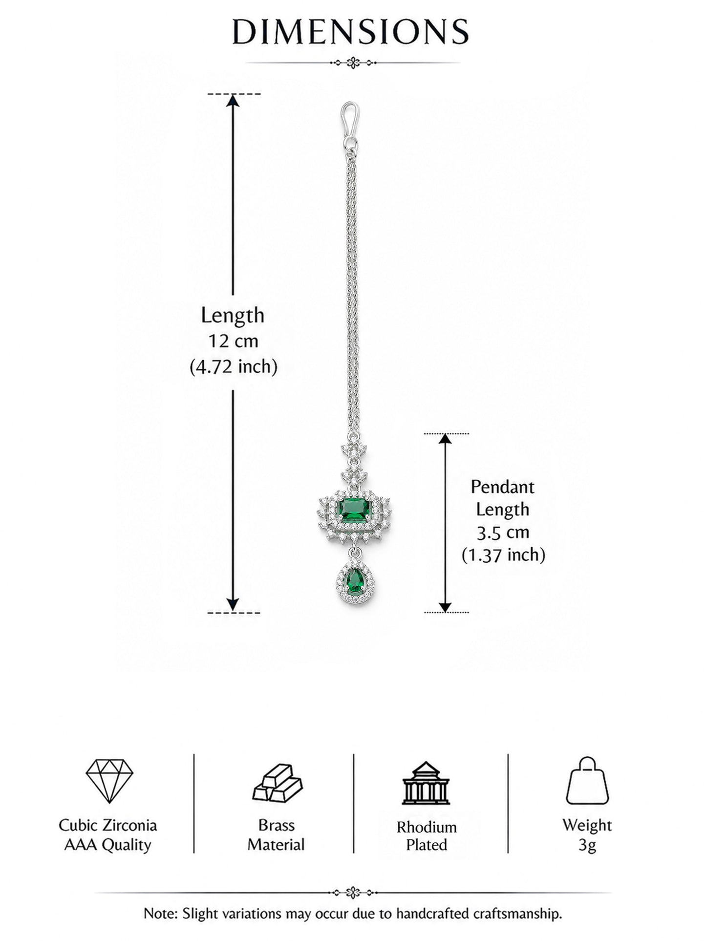 Silver Plated Green AD Maang Tikka for Women