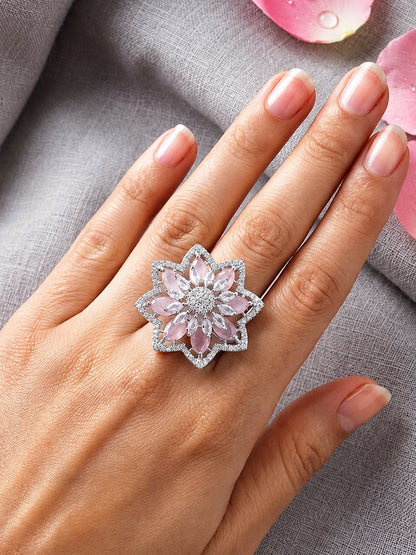 Silver Plated Pink AD Floral Finger Ring for Women