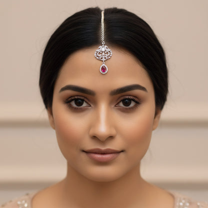 Silver Plated Red Peacock Maang Tikka for Women