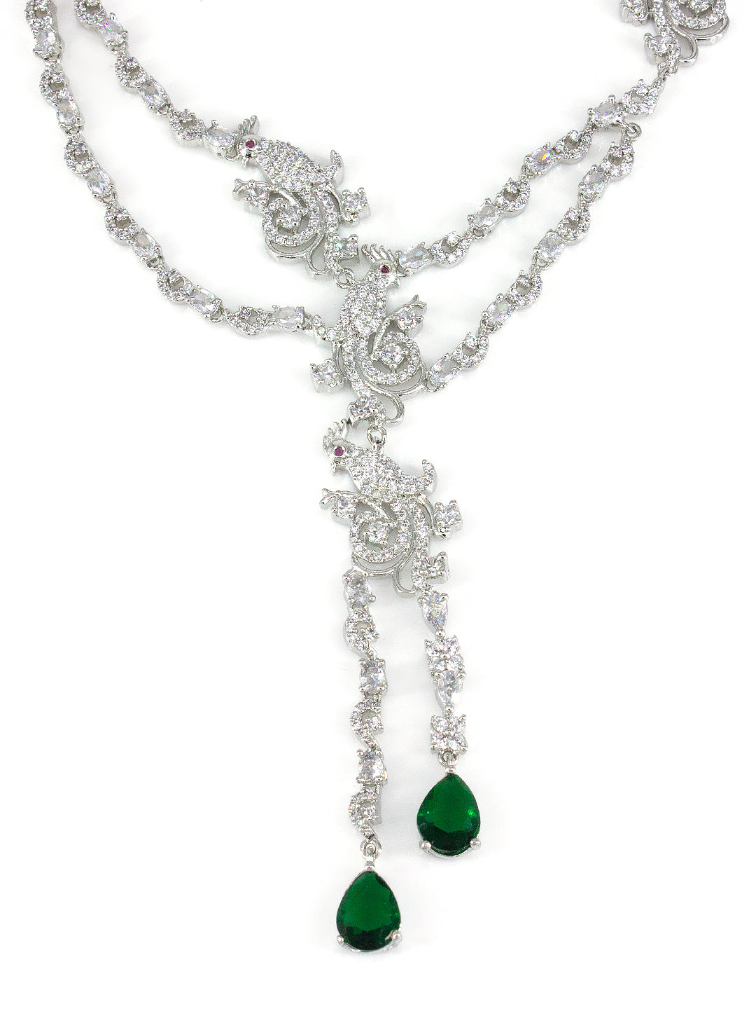 Silver Plated Green AD Peacock Statement Jewellery Set