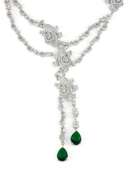 Silver Plated Green AD Peacock Statement Jewellery Set