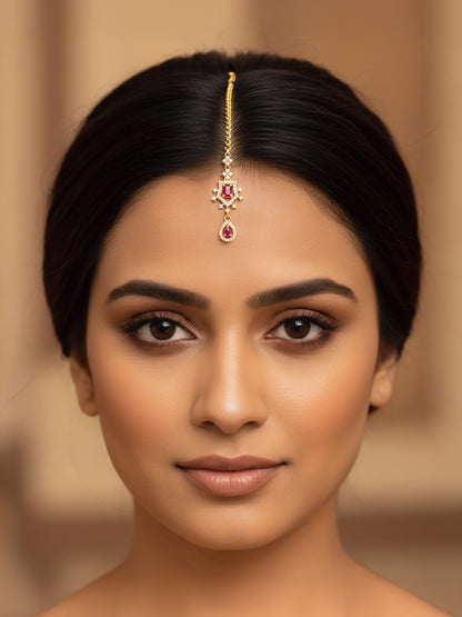 Gold Plated Red Drop AD Maang Tikka for Women