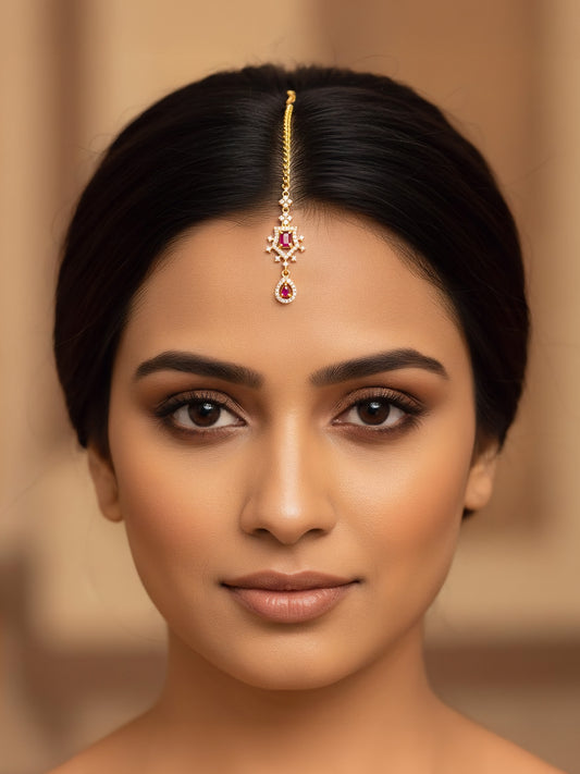 Gold Plated Red Drop AD Maang Tikka for Women