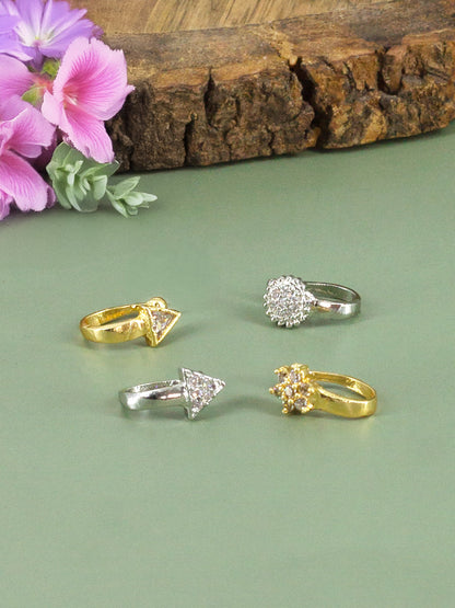 Set of 4 Silver & Gold Plated White American Diamond Press On Nose Pins
