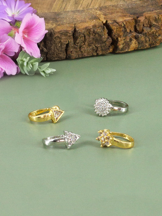 Set of 4 Silver & Gold Plated White American Diamond Press On Nose Pins