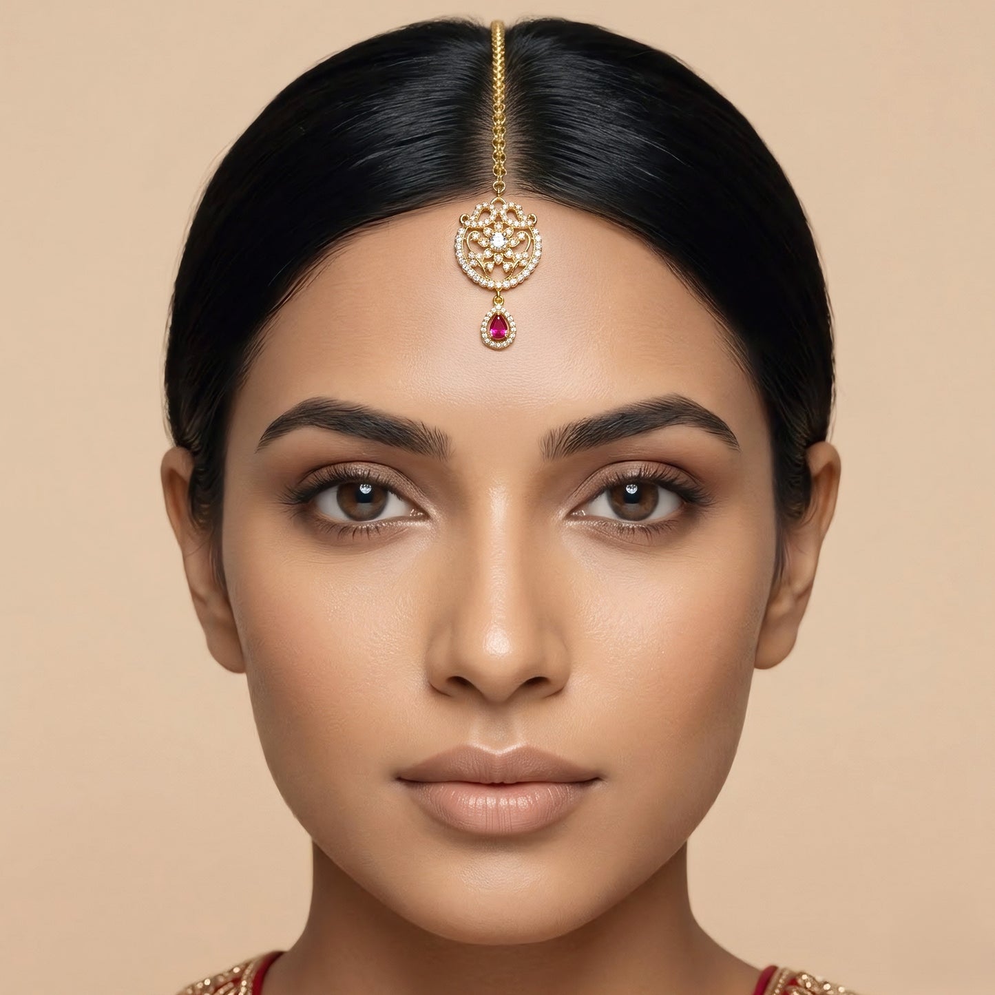 Gold Plated Red AD Floral Maang Tikka for Women