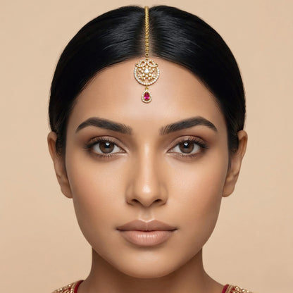 Gold Plated Red AD Floral Maang Tikka for Women