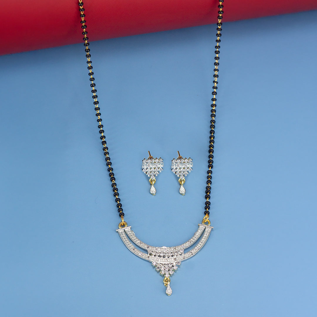 Gold Plated American Diamond & Black Beaded Trendy Mangalsutra With Earrings