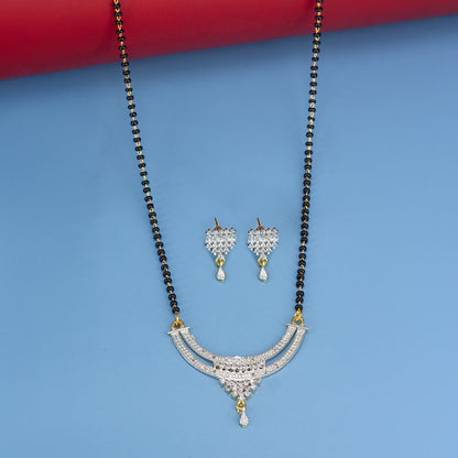Gold Plated American Diamond & Black Beaded Trendy Mangalsutra With Earrings
