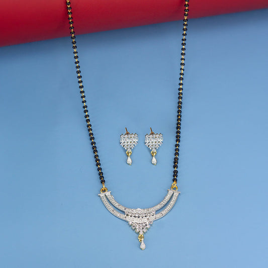 Gold Plated American Diamond & Black Beaded Trendy Mangalsutra With Earrings