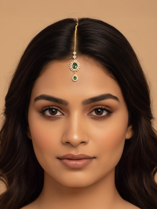 Gold Plated Green AD Maang Tikka for Women