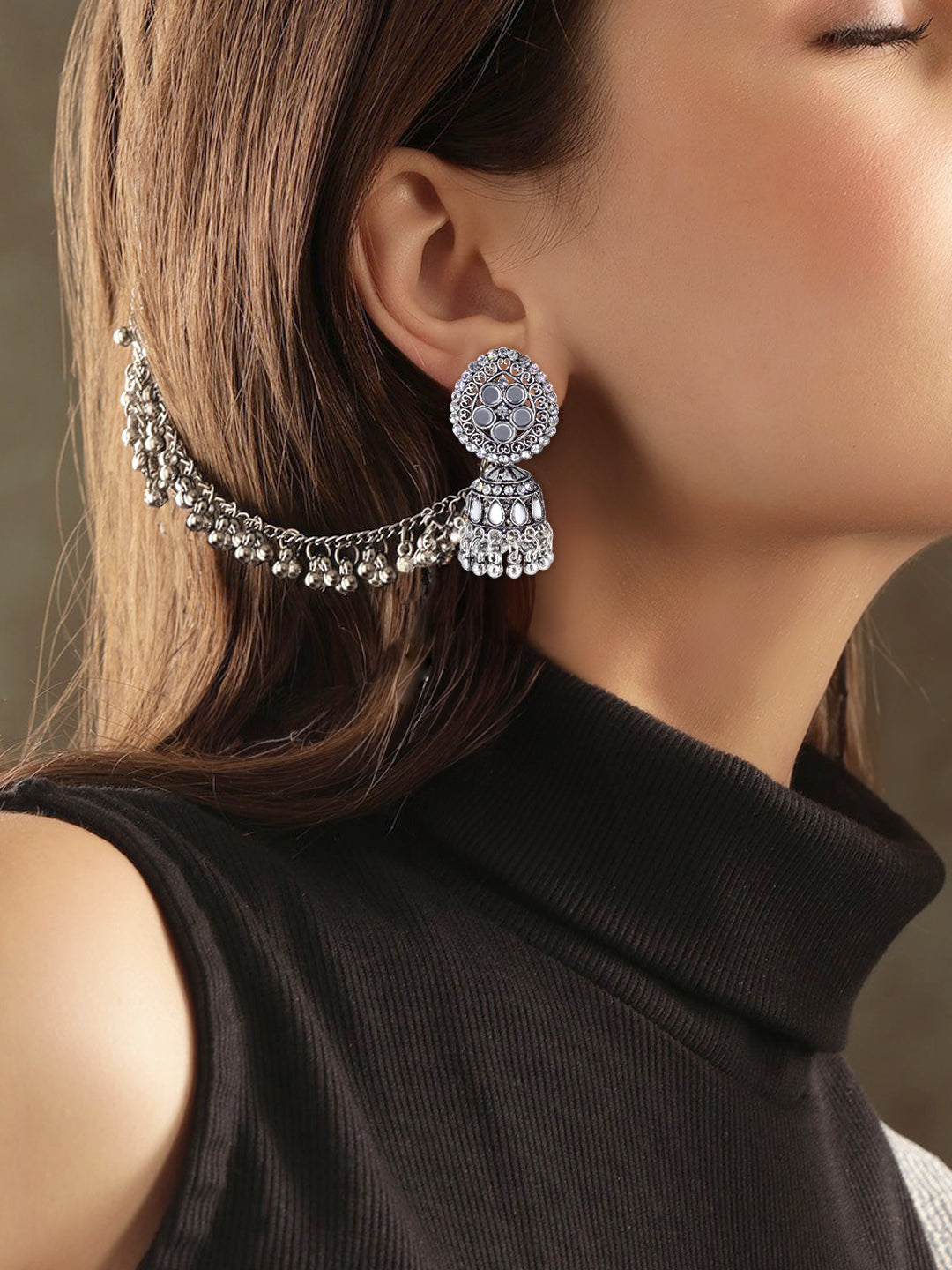 Silver-Oxidised Floral Mirror-Studded Jhumka Earrings With Hair Chain