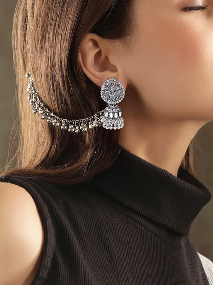 Silver-Oxidised Floral Mirror-Studded Jhumka Earrings With Hair Chain