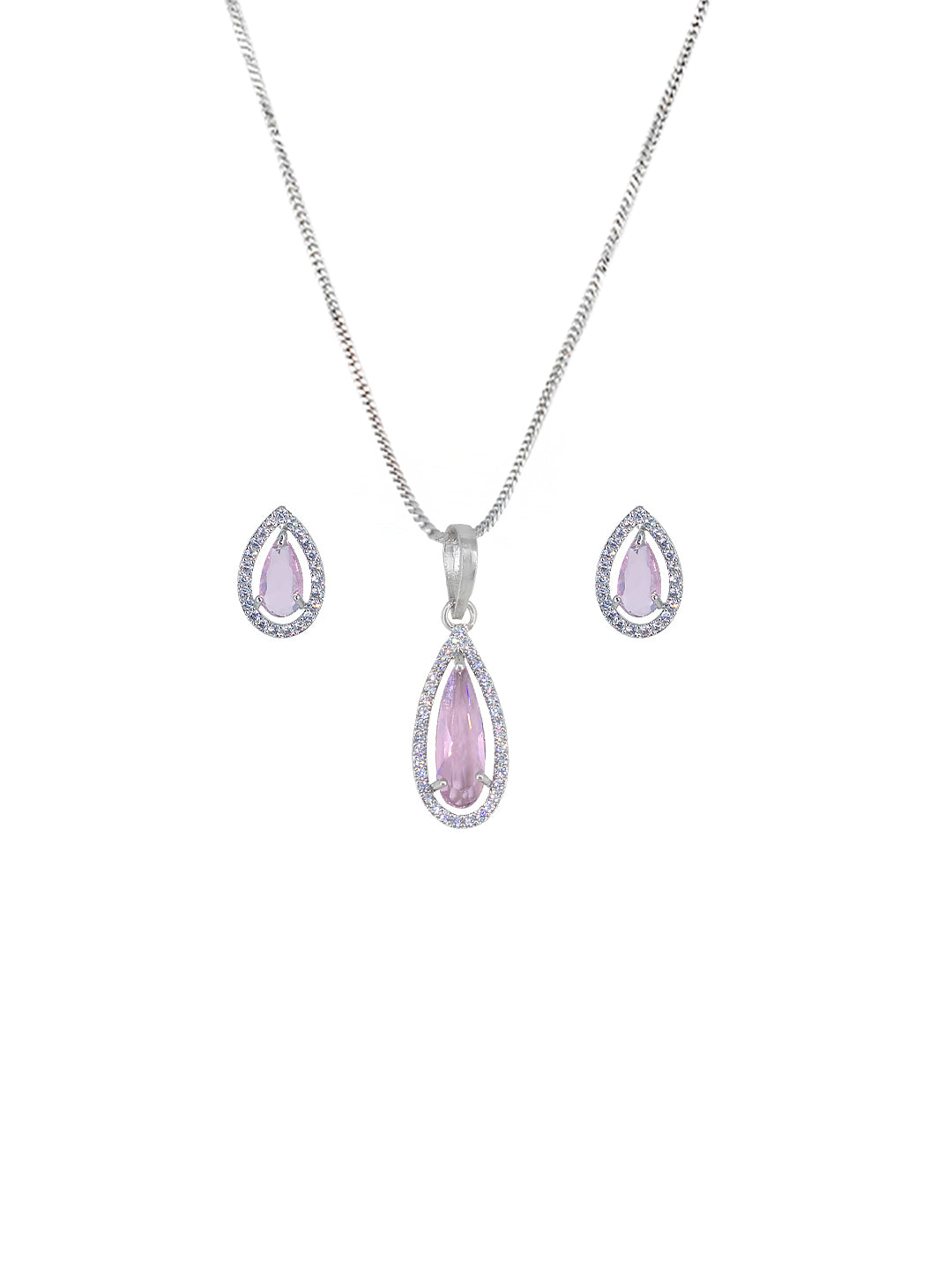 Rhodium Plated Pink Tear Drop American Diamond Pendant Set