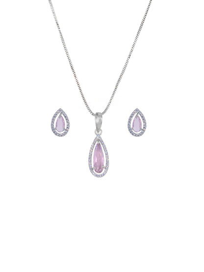 Rhodium Plated Pink Tear Drop American Diamond Pendant Set