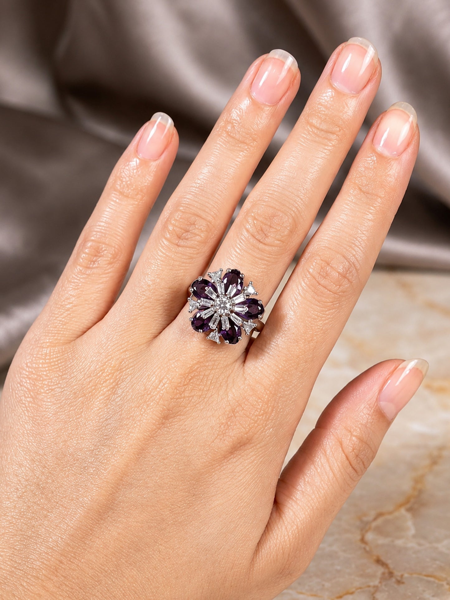 Rhodium Plated Purple AD Floral Finger Ring for Women