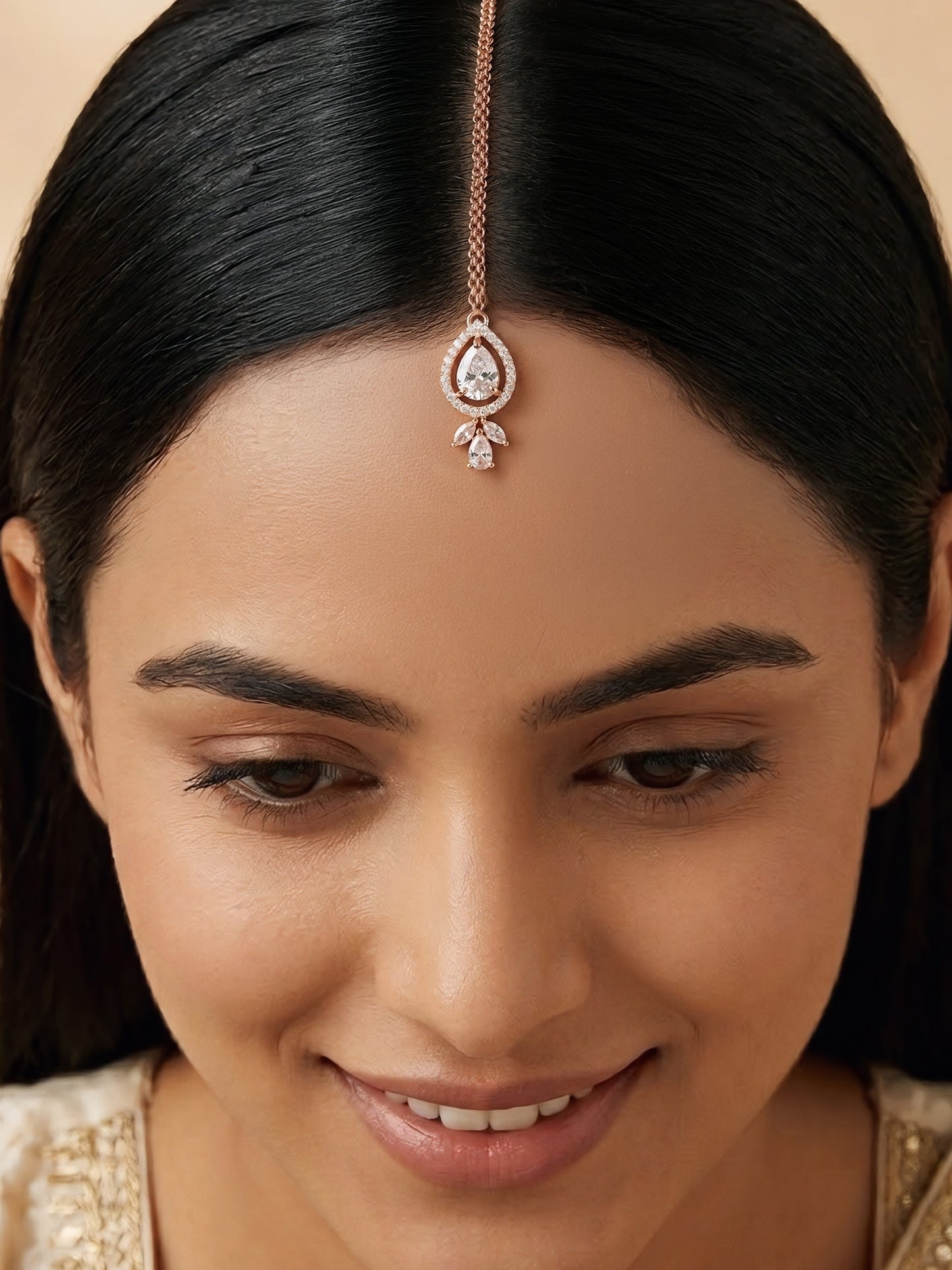 Rose Gold Plated Teardrop Maang Tikka for Women