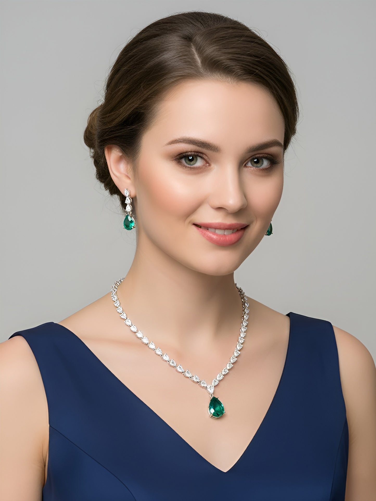 Silver Plated Green & White AD Jewellery Set