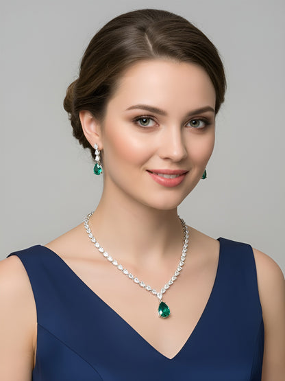 Silver Plated Green & White AD Jewellery Set