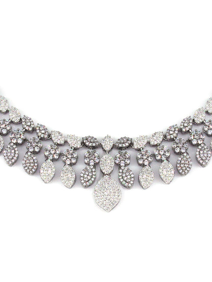 Silver Plated Black AD Floral Designer Jewellery Set