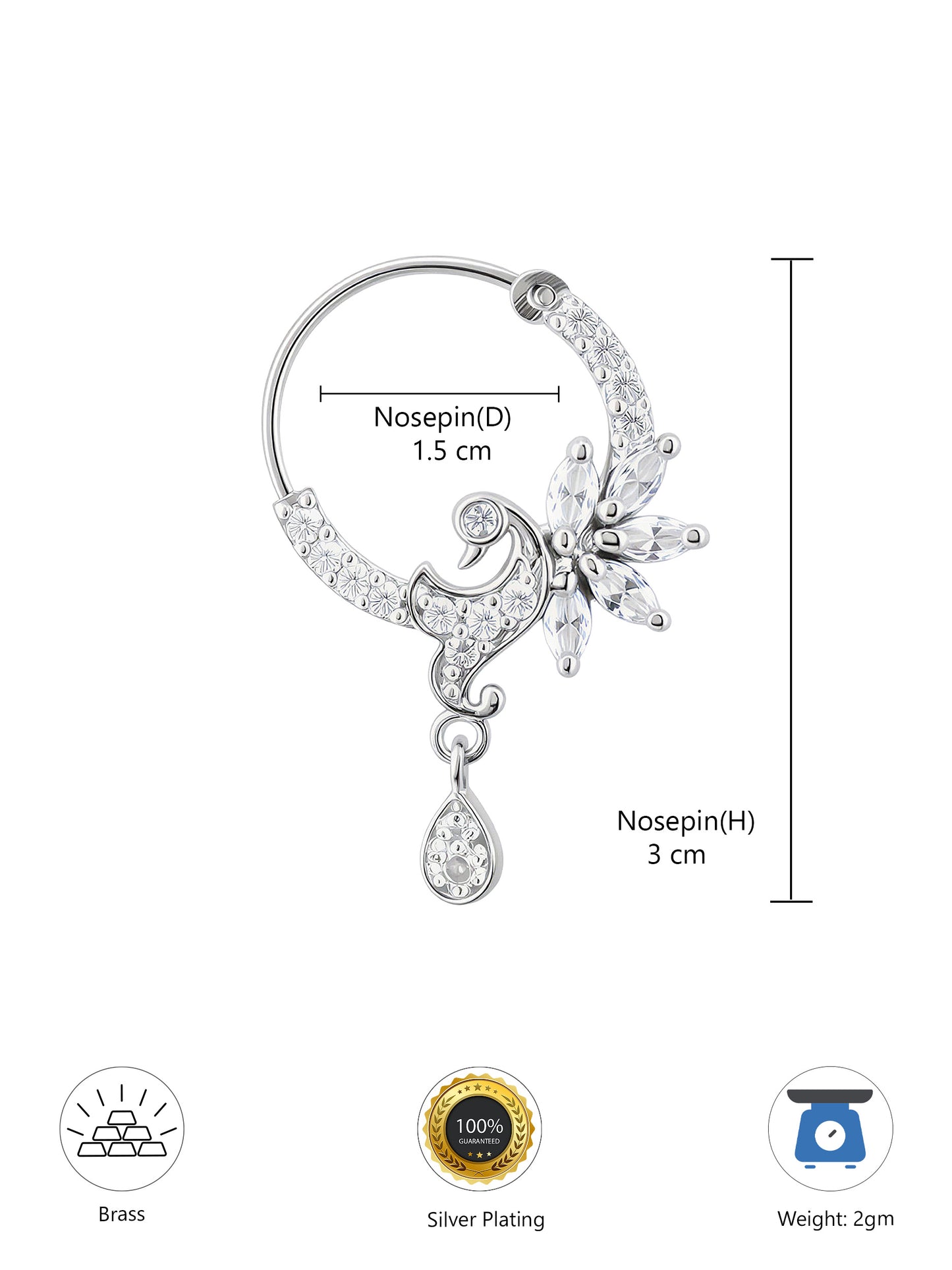 Silver Plated White AD Drop Nose Ring for Women