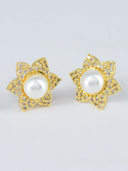 Gold Plated American Diamond Floral Stud Earrings for Women