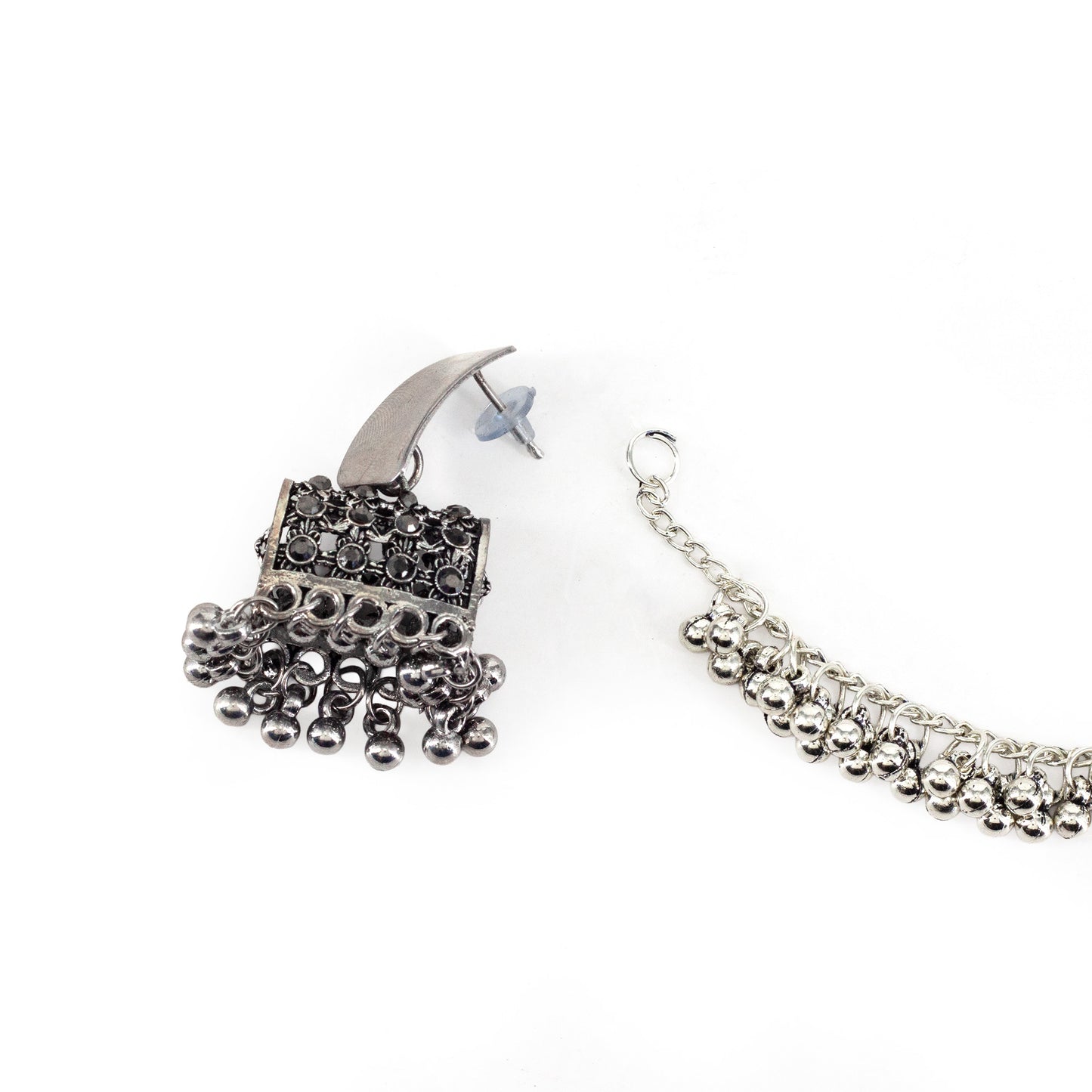 Silver Oxidised Jhumka Earring with Chain for Women