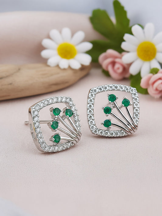 Silver Plated Green AD Studs For Women