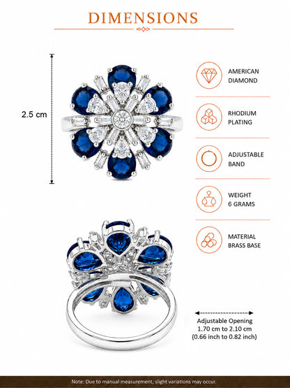 Silver Plated Blue AD Floral Finger Ring for Women